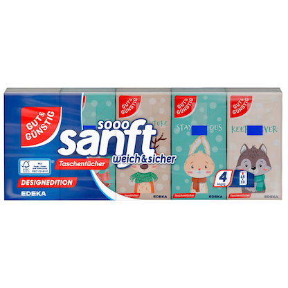 Artikelbild für GUT&GÜNSTIG Taschentücher sanft weich & sicher - Designedition 4-lagig weiß, 15x 10 Tücher, Artikelnummer 990447