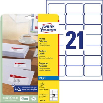 Artikelbild 19 für 525 AVERY Zweckform Adressetiketten J8160-25 weiß 63,5 x 38,1 mm, Artikelnummer 479436
