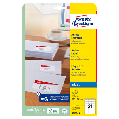 Artikelbild 2 für 525 AVERY Zweckform Adressetiketten J8160-25 weiß 63,5 x 38,1 mm, Artikelnummer 479436