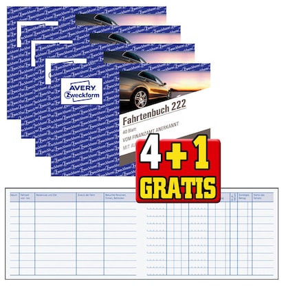Artikelbild für 4 + 1 GRATIS: 4 AVERY Zweckform Fahrtenbuch, Pkw mit Kraftstoffverbrauch Formularbücher 222-5 + GRATIS 1 St., Artikelnummer 298331