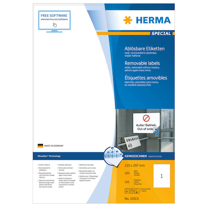Artikelbild 6 für 100 HERMA Etiketten 10315 weiß 210,0 x 297,0 mm, Artikelnummer 898171