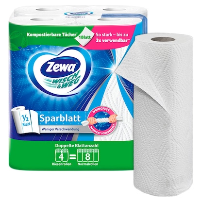 Artikelbild für Zewa Küchenrollen WISCH&WEG Sparblatt 2-lagig, 4 Rollen, Artikelnummer 158442