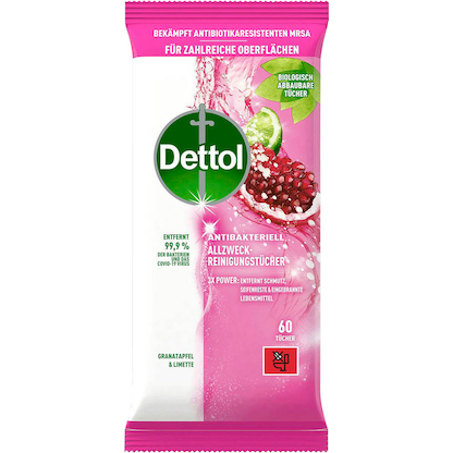 Artikelbild für Dettol feuchte Allzweck-Reinigungstücher ANTIBAKTERIELL 1-lagig weiß, 60 St., Artikelnummer 970837
