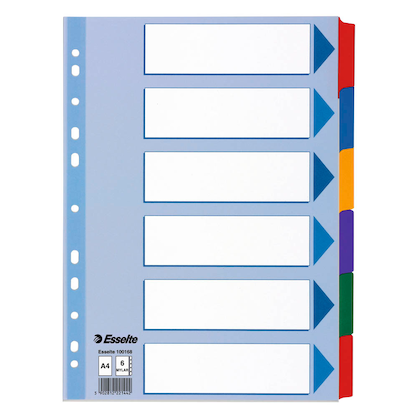 Artikelbild für Esselte Ordnerregister DIN A4 Vollformat blanko farbig 6-teilig, 1 Satz, Artikelnummer 352856