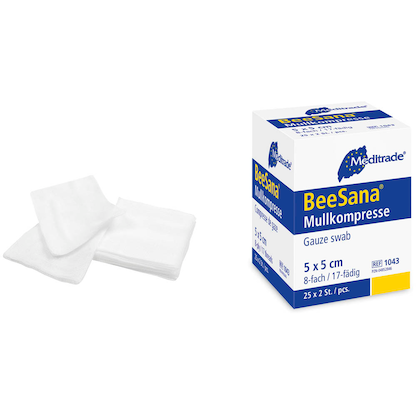 Artikelbild für Meditrade® Mull-Kompressen BeeSana®mit eingeschlagenen Schnittkanten 1043 weiß 5,0 x 5,0 cm, 25x 2 St., Artikelnummer 566199