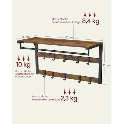Artikelbild 4 für VASAGLE Wandgarderobe braun Holz 10 Haken 80,0 x 42,0 cm, Artikelnummer 290506
