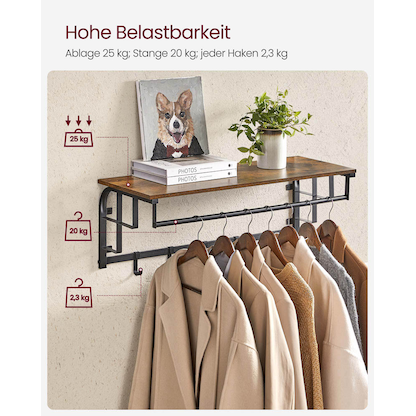 Artikelbild 7 für VASAGLE Wandgarderobe braun Holz 5 Haken 80,0 x 27,0 cm, Artikelnummer 289888