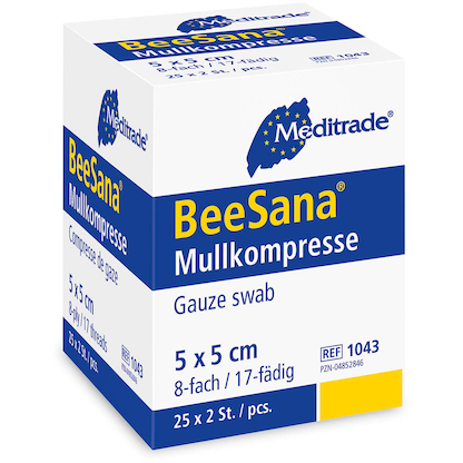 Artikelbild 3 für Meditrade® Mull-Kompressen BeeSana®mit eingeschlagenen Schnittkanten 1043 weiß 5,0 x 5,0 cm, 25x 2 St., Artikelnummer 566199