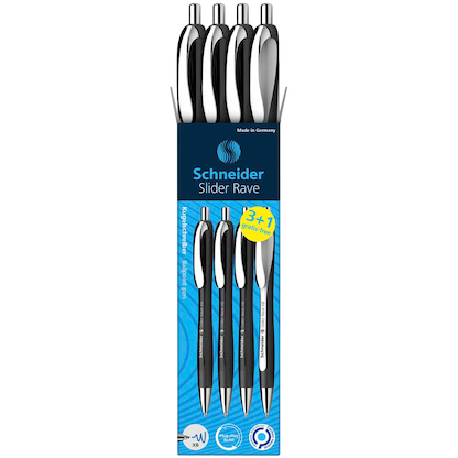 Artikelbild 3 für 3 + 1 GRATIS: Schneider Kugelschreiber Slider Rave XB schwarz, Schreibfarbe: blau, 3 St. + GRATIS 1 Slider Rave XB schwarz, Artikelnummer 284996