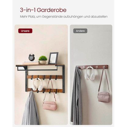 Artikelbild 6 für VASAGLE Wandgarderobe braun Holz 10 Haken 65,0 x 42,0 cm, Artikelnummer 289866