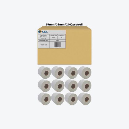 Artikelbild 14 für G&G Etikettenrollen für Etikettendrucker ersetzt Zebra 800262-125 weiß, 57,0 x 32,0 mm, 12 x 2100 Etiketten, Artikelnummer 130999
