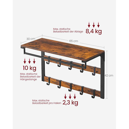 Artikelbild 5 für VASAGLE Wandgarderobe braun Holz 10 Haken 65,0 x 42,0 cm, Artikelnummer 289866