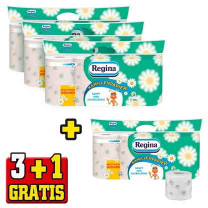 Artikelbild 14 für 3 + 1 GRATIS: Regina Toilettenpapier Kamillenpapier 3-lagig, 3x 8 Rollen + GRATIS 1x 8 Rollen, Artikelnummer 116687