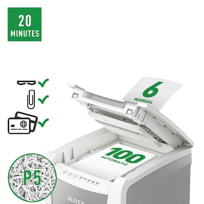 Artikelbild 13 für AKTION: LEITZ IQ Autofeed Small Office 100 Aktenvernichter mit Partikelschnitt P-5, 2 x 15 mm, bis 100 Blatt, weiß mit 45 Euro CashBack, Artikelnummer 267151