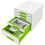 Artikelbild 1 für AKTION: LEITZ Schubladenbox WOW Cube perlweiß/grün 52142054, DIN A4 mit 5 Schubladen mit Prämie nach Registrierung, Artikelnummer 915429