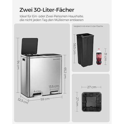 Artikelbild 6 für SONGMICS Mülltrenner 2 x 30,0 l silber, Artikelnummer 262309