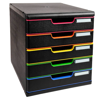 Artikelbild für Exacompta Schubladenbox Modulo schwarz mit bunten Farblinien 301914D, DIN A4 mit 5 Schubladen, Artikelnummer 667555