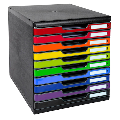 Artikelbild für Exacompta Schubladenbox Modulo 2x rot, orange, gelb, 2x grün, 2x blau, violett, schwarz 302798D, DIN A4 mit 10 Schubladen, Artikelnummer 667624