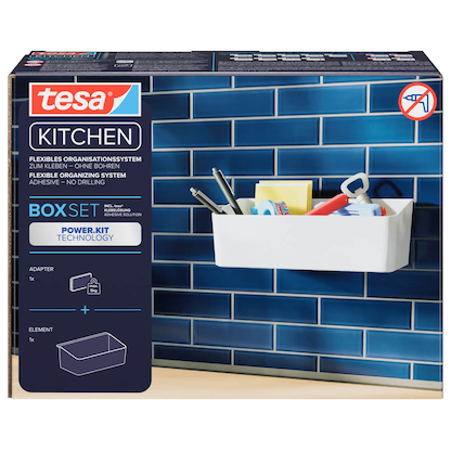 Artikelbild 3 für tesa Küchenutensilienhalter weiß, Einzeladapter, Box, tesa® Power.Kit Adapter, tesa® Klebeapplikator, Anleitung, Wasserwaage, Rändelmutter, Artikelnummer 554996