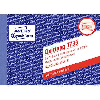 Artikelbild 3 für AVERY Zweckform Quittung, MwSt. separat ausgewiesen Formularbuch 1735, Artikelnummer 168468