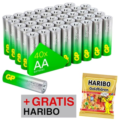 Artikelbild für AKTION: 40 GP Batterien SUPER Mignon AA 1,5 V + GRATIS HARIBO Goldbären 175,0 g, Artikelnummer 819159