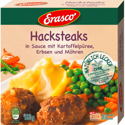 Artikelbild für Erasco Hacksteaks in Sauce mit Kartoffelpüree, Erbsen und Möhren 1 St., Artikelnummer 531606