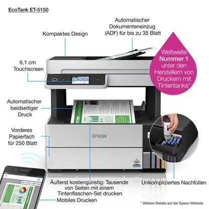 Artikelbild 17 für AKTION: EPSON EcoTank ET-5150 3 in 1 Tintenstrahl-Multifunktionsdrucker grau mit 50 Euro CashBack, Artikelnummer 460521
