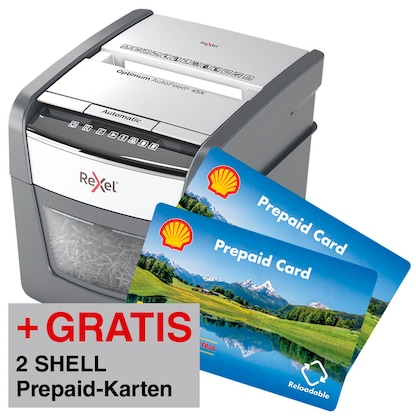 Artikelbild 12 für AKTION: Rexel Optimum AutoFeed+ 45X Aktenvernichter mit Partikelschnitt P-4, 4 x 28 mm, bis 45 Blatt, schwarz + GRATIS 2x Prepaid-Card à 10,- Euro, Artikelnummer 606002