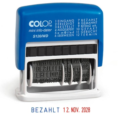 Artikelbild 5 für COLOP Datumstempel mit Text Mini-Info-Dater S120/WD selbstfärbend blau rot ohne Logo, 1 St., Artikelnummer 874127