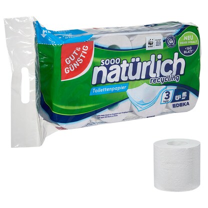 Artikelbild 12 für GUT&GÜNSTIG Toilettenpapier natürlich recycling 3-lagig Recyclingpapier, 8 Rollen, Artikelnummer 679799