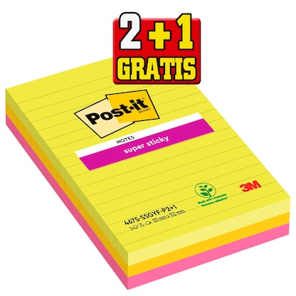 Artikelbild 24 für 2 + 1 GRATIS: Post-it® Super Sticky Haftnotizen extrastark 4675-SSGYF-P2+1 farbsortiert, 2 Blöcke + GRATIS 1 Block 10 x 15 cm, Artikelnummer 649754