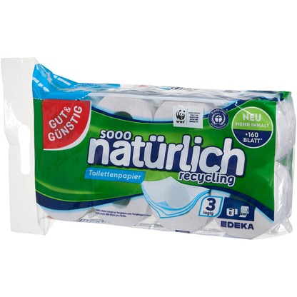 Artikelbild 4 für GUT&GÜNSTIG Toilettenpapier natürlich recycling 3-lagig Recyclingpapier, 8 Rollen, Artikelnummer 679799