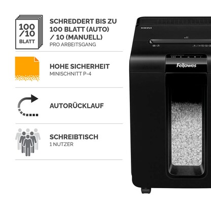 Artikelbild 10 für AKTION: Fellowes AutoMax 100M Aktenvernichter mit Partikelschnitt P-4, 4 x 10 mm, bis 100 Blatt, schwarz, Artikelnummer 742843