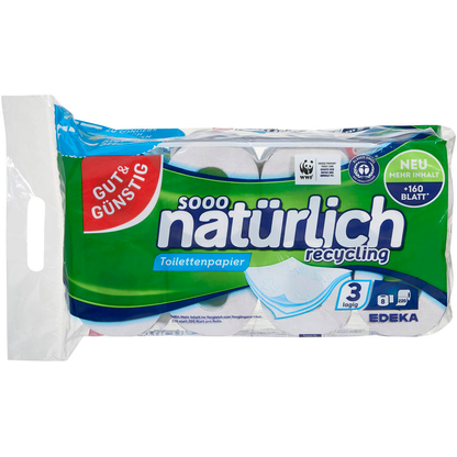 Artikelbild 5 für GUT&GÜNSTIG Toilettenpapier natürlich recycling 3-lagig Recyclingpapier, 8 Rollen, Artikelnummer 679799