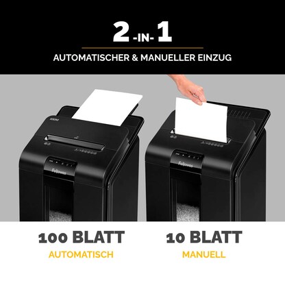 Artikelbild 11 für AKTION: Fellowes AutoMax 100M Aktenvernichter mit Partikelschnitt P-4, 4 x 10 mm, bis 100 Blatt, schwarz, Artikelnummer 742843