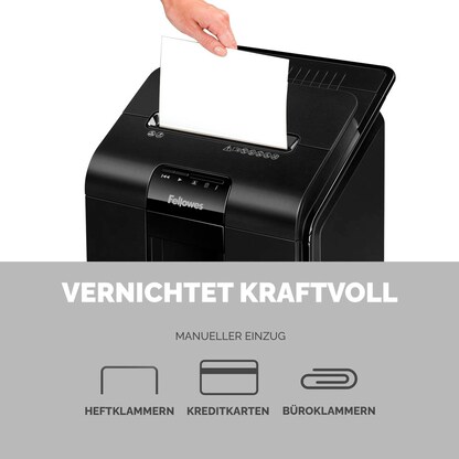 Artikelbild 12 für AKTION: Fellowes AutoMax 100M Aktenvernichter mit Partikelschnitt P-4, 4 x 10 mm, bis 100 Blatt, schwarz, Artikelnummer 742843