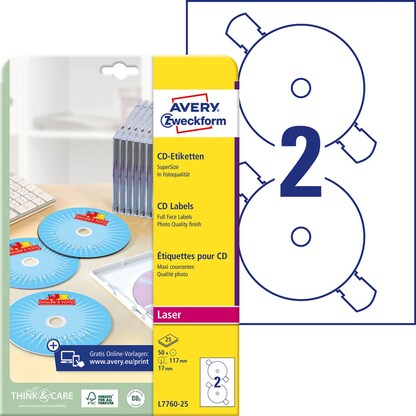Artikelbild 12 für 50 AVERY Zweckform CD-Etiketten L7760-25 weiß, Artikelnummer 506634