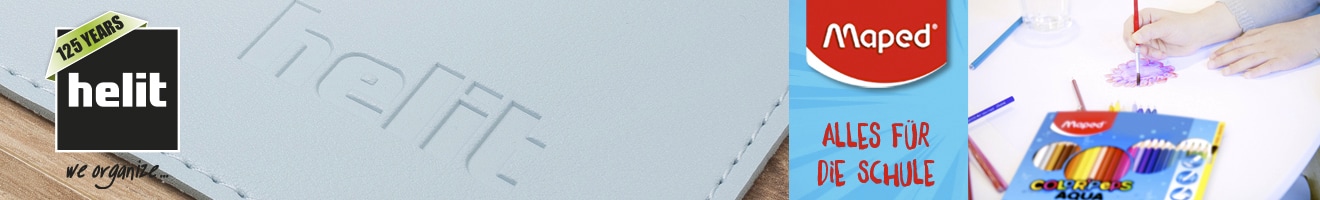 Helit Markenshop - Helit Logo mit Text '125 Years', Maped Schulprodukte mit Stiften und Malutensilien auf Schreibtisch