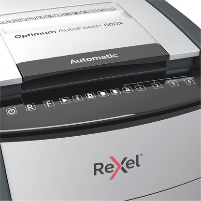 Artikelbild 12 für AKTION: Rexel Optimum AutoFeed+ 600X Aktenvernichter mit Partikelschnitt P-4, 4 x 28 mm, bis 600 Blatt, schwarz mit 120 Euro CashBack, Artikelnummer 429854
