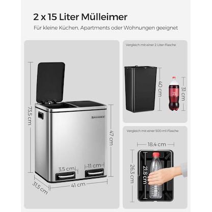 Artikelbild 3 für SONGMICS Mülltrenner 2 x 15,0 l edelstahl, Artikelnummer 291579