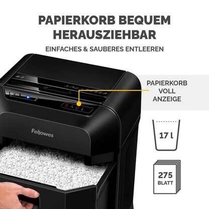 Artikelbild 20 für AKTION: Fellowes AutoMax 90M Aktenvernichter mit Partikelschnitt P-4, 4 x 12 mm, bis 90 Blatt, schwarz, Artikelnummer 165508