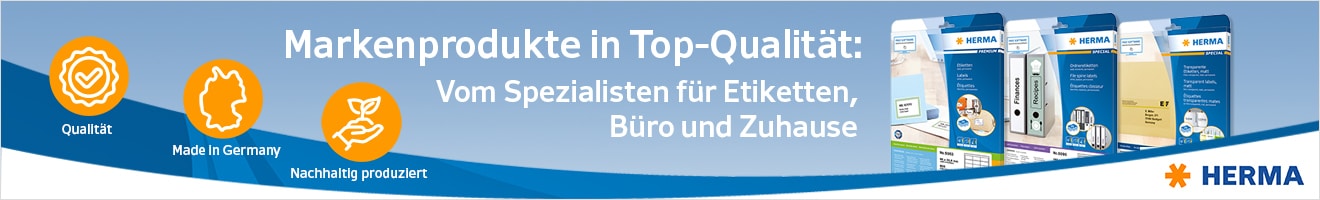 Werbebanner für Herma Markenprodukte mit Etiketten, Büro- und Haushaltsartikeln, Qualitätssiegeln und dem Text 'Markenprodukte in Top-Qualität: Vom Spezialisten für Etiketten, Büro und Zuhause'