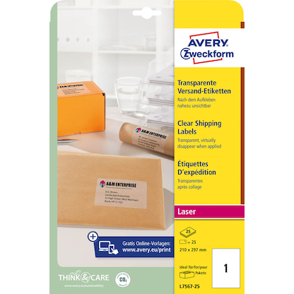 Artikelbild 2 für 25 AVERY Zweckform Folien-Versandetiketten L7567-25 transparent 210,0 x 297,0 mm, Artikelnummer 345488