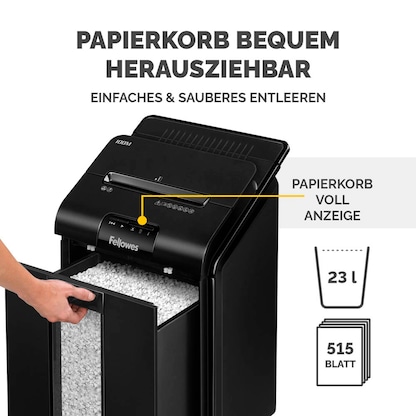 Artikelbild 14 für AKTION: Fellowes AutoMax 100M Aktenvernichter mit Partikelschnitt P-4, 4 x 10 mm, bis 100 Blatt, schwarz, Artikelnummer 742843