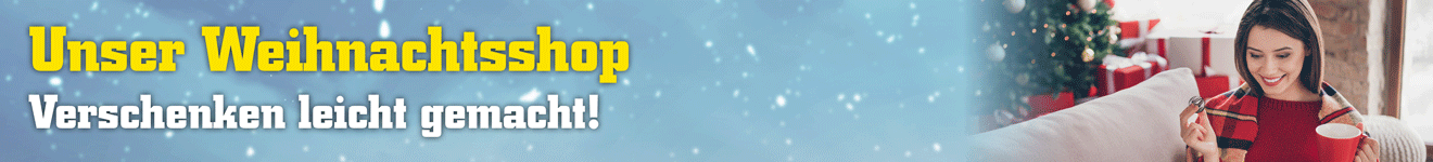 Frau liest Geschenkpapier vor einem Weihnachtsbaum mit Dekoration, Text 'Unser Weihnachtsshop Verschenken leicht gemacht!