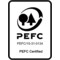 PEFC-Zertifizierungslogo in Schwarz-Weiß mit Bäumen, Zertifikatsnummer PEFC/15-31-0134 und Text 'PEFC Certified'.