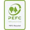 PEFC Recycled Logo in grün; Symbol mit zwei stilisierten Bäumen, Hinweis: Das Produkt stammt aus recycelten Quellen und Website-Link.