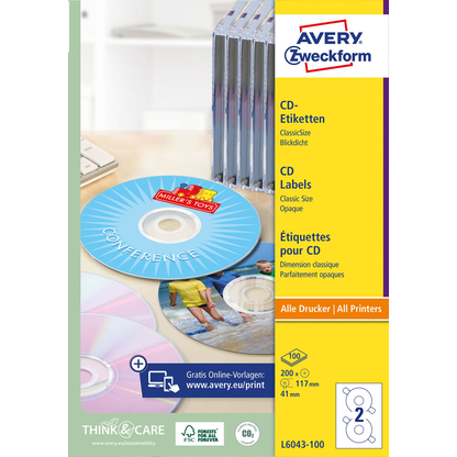 Artikelbild 3 für 200 AVERY Zweckform CD-Etiketten L6043-100 weiß, Artikelnummer 345397