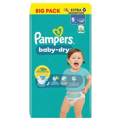 Artikelbild 5 für Pampers® Windeln baby-dry™ BIG PACK Größe Gr.5+ (12-17 kg) für Babys und Kleinkinder, 50 St., Artikelnummer 585319