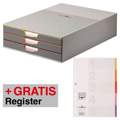 Artikelbild 14 für AKTION: DURABLE Schubladenbox VARICOLOR® dunkelgrau mit bunten Farblinien, DIN A4 mit 3 Schubladen + GRATIS Blanko-Register VARICOLOR® A4 5tlg., Artikelnummer 615885